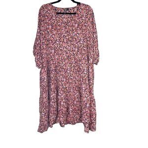 Pieces Pink Black Floral Print Short Sleeve VNeck Babydoll Shift Dress Sz 20 NWT